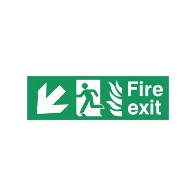 Vikingskyltar SG697-L62-V "Fire Exit" Löpande man vänster ängel nedåtpilskylt, vinyl, 200 mm H x 600 mm B Vikingskyltar SG697-L62-V "Fire Exit" Löpande man vänster ängel nedåtpilskylt, vinyl, 200 mm H x 600 mm B
