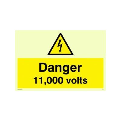 Viking WE81-A6L-P "Danger 11000 volts" skylt, halvstyv fotoluminescerande plast, 100 mm H x 150 mm B Viking WE81-A6L-P "Danger 11000 volts" skylt, halvstyv fotoluminescerande plast, 100 mm H x 150 mm B