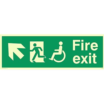 Viking SD959-L41-PV funktionshinder "Fire Exit"-skylt, vänster upppil, foto självlysande klistermärke, 150 mm H x 450 mm B Viking SD959-L41-PV funktionshinder "Fire Exit"-skylt, vänster upppil, foto självlysande klistermärke, 150 mm H x 450 mm B