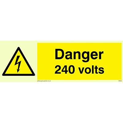 Viking WE82-L62-P "Danger 240 volts" skylt, halvstyv fotoluminescerande plast, 200 mm H x 600 mm B Viking WE82-L62-P "Danger 240 volts" skylt, halvstyv fotoluminescerande plast, 200 mm H x 600 mm B