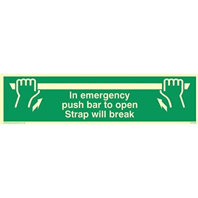 Vikingskyltar SA398-L61-P "In Emergency Push Bar To Open Strap Will Break" skylt, halvstyv fotoluminescerande plast, 150 mm H x 600 mm B Vikingskyltar SA398-L61-P "In Emergency Push Bar To Open Strap Will Break" skylt, halvstyv fotoluminescerande plast, 150 mm H x 600 mm B