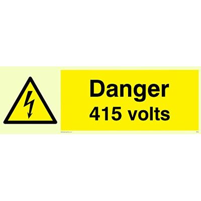 Viking WE83-L62-PV "Danger 415 Volts"-skylt, fotoluminescerande klistermärke, 200 mm H x 600 mm B Viking WE83-L62-PV "Danger 415 Volts"-skylt, fotoluminescerande klistermärke, 200 mm H x 600 mm B