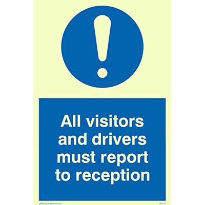 Viking MV317-A6P-PV "All Besitors And Drivers Must Report To Reception" skylt, fotolysande klistermärke, 150 mm H x 100 mm B Viking MV317-A6P-PV "All Besitors And Drivers Must Report To Reception" skylt, fotolysande klistermärke, 150 mm H x 100 mm B