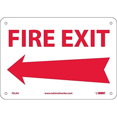 NMC FELAA FIRE EXIT skylt – 10 tum. 18 cm Standard aluminiumskylt med vänsterpilgrafik, röd text på vit bas NMC FELAA FIRE EXIT skylt – 10 tum. 18 cm Standard aluminiumskylt med vänsterpilgrafik, röd text på vit bas