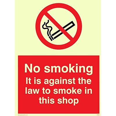 Vikingskyltar PS985-A5P-P "No Smoking. Det står emot lagen att röka i denna butik" skylt, plast, halvstyv fotoluminescent, 200 mm H x 150 mm B Vikingskyltar PS985-A5P-P "No Smoking. Det står emot lagen att röka i denna butik" skylt, plast, halvstyv fotoluminescent, 200 mm H x 150 mm B