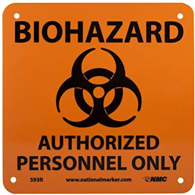 NMC S93R Grafisk Sjöskylt, Legend "BIOHAZARD- AUTHORISERAD PERSONNEL", 17,8 cm längd x 17,8 cm höjd, styv plast, svart på orange NMC S93R Grafisk Sjöskylt, Legend "BIOHAZARD- AUTHORISERAD PERSONNEL", 17,8 cm längd x 17,8 cm höjd, styv plast, svart på orange