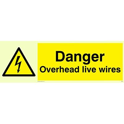 Viking WE95-L31-P "Danger Overhead Live Wires" skylt, halvstyv fotoluminescerande plast, 100 mm H x 300 mm B Viking WE95-L31-P "Danger Overhead Live Wires" skylt, halvstyv fotoluminescerande plast, 100 mm H x 300 mm B