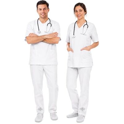 AIESI ® Medicinsk Uniform för män kvinnor i 100% sanforiserad bomull byxor och jacka med V-ringad, storlek XL VIT AIESI ® Medicinsk Uniform för män kvinnor i 100% sanforiserad bomull byxor och jacka med V-ringad, storlek XL VIT