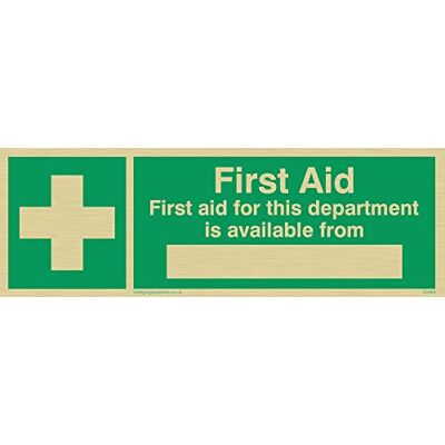 Vikingskyltar SX462-L15-G "First Aid for This Department Is Available From" skylt, styv guldplast, 50 mm H x 150 mm B Vikingskyltar SX462-L15-G "First Aid for This Department Is Available From" skylt, styv guldplast, 50 mm H x 150 mm B