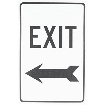 NMC TM79G trafikskylt, Legend "EXIT" med vänsterpil, 30 cm längd x 45 cm höjd, aluminium 0,040, svart på vitt NMC TM79G trafikskylt, Legend "EXIT" med vänsterpil, 30 cm längd x 45 cm höjd, aluminium 0,040, svart på vitt