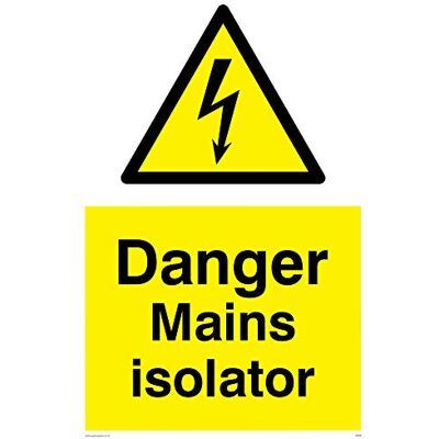 Viking WE69-A2P-V "Danger Mains Isolator" skylt, vinyl, 600 mm H x 400 mm B Viking WE69-A2P-V "Danger Mains Isolator" skylt, vinyl, 600 mm H x 400 mm B