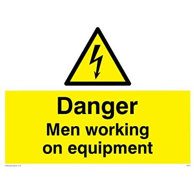 Viking WE75-A3L-1M "Danger Men Working On Equipment"-skylt, 1 mm halvstyv plast, 300 mm H x 400 mm B Viking WE75-A3L-1M "Danger Men Working On Equipment"-skylt, 1 mm halvstyv plast, 300 mm H x 400 mm B