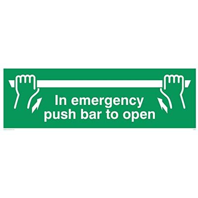 Vikingskyltar SA397-L31-1M "In Emergency Push Bar To Open" skylt, 1 mm halvstyv plast, 100 mm H x 300 mm B Vikingskyltar SA397-L31-1M "In Emergency Push Bar To Open" skylt, 1 mm halvstyv plast, 100 mm H x 300 mm B