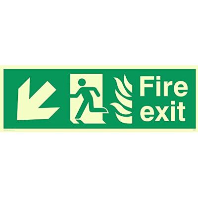 Vikingskyltar SG697-L41-P "Fire Exit" Löpande man vänster ängel nedåtpilskylt, halvstyv fotoluminescerande plast, 150 mm H x 450 mm B Vikingskyltar SG697-L41-P "Fire Exit" Löpande man vänster ängel nedåtpilskylt, halvstyv fotoluminescerande plast, 150 mm H x 450 mm B