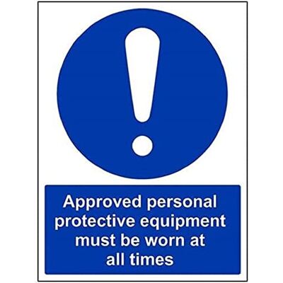 VSafety 41071BC-R "Godkänd PPE måste bäras hela tiden" obligatorisk PPE-skylt, styv plast, porträtt, 300 mm x 400 mm, blå VSafety 41071BC-R "Godkänd PPE måste bäras hela tiden" obligatorisk PPE-skylt, styv plast, porträtt, 300 mm x 400 mm, blå