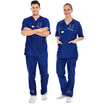 AIESI ® Medicinsk Uniform för män kvinnor i 100% sanforiserad bomull byxor och jacka med V-ringad, storlek XS BLÅ AIESI ® Medicinsk Uniform för män kvinnor i 100% sanforiserad bomull byxor och jacka med V-ringad, storlek XS BLÅ