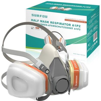 SURFOU Dammskyddsmask med A1P2-filter, återanvändbar halvmask, med 2 filterpatroner, 10 förfilter, för målning, slipning, epoxiharts och sprutning SURFOU Dammskyddsmask med A1P2-filter, återanvändbar halvmask, med 2 filterpatroner, 10 förfilter, för målning, slipning, epoxiharts och sprutning