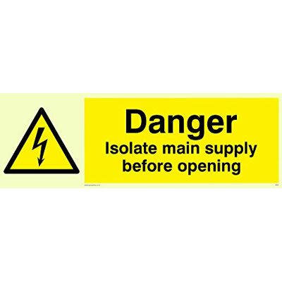 Viking WE87-L62-PV "Danger Isolate Main Supply Before Opening" skylt, fotoluminescerande klistermärke, 200 mm H x 600 mm B Viking WE87-L62-PV "Danger Isolate Main Supply Before Opening" skylt, fotoluminescerande klistermärke, 200 mm H x 600 mm B