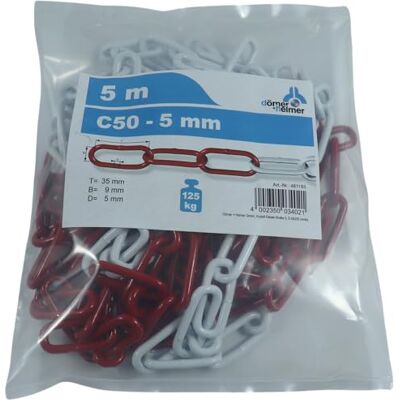 Dörner + Helmer Dörner + hjälm avstängningskedja, 5 mm tjock, 5 m längd, galvaniserat stål, avstängning, polypåse, långhårig, röd/vit Dörner + Helmer Dörner + hjälm avstängningskedja, 5 mm tjock, 5 m längd, galvaniserat stål, avstängning, polypåse, långhårig, röd/vit