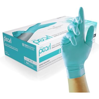 UNIGLOVES Aqua Blu Pearl nitrilundersökningshandskar mångsidiga engångshandskar, puderfria och latexfria låda med 100 handskar, pacific blu, storlek L (GP0094) UNIGLOVES Aqua Blu Pearl nitrilundersökningshandskar mångsidiga engångshandskar, puderfria och latexfria låda med 100 handskar, pacific blu, storlek L (GP0094)