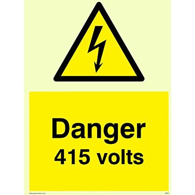 Viking WE83-A5P-PV "Danger 415 volts" skylt, fotoluminescerande klistermärke, 200 mm H x 150 mm B Viking WE83-A5P-PV "Danger 415 volts" skylt, fotoluminescerande klistermärke, 200 mm H x 150 mm B