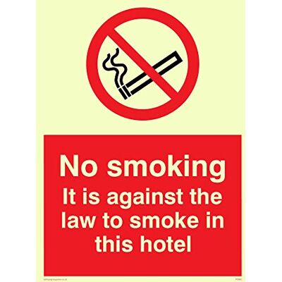 Viking skyltar PS983-A5P-P "No Smoking. It Is Against The Law To Smoke In This Hotel"-skylt, plast, halvstyv fotoluminescent, 200 mm H x 150 mm B Viking skyltar PS983-A5P-P "No Smoking. It Is Against The Law To Smoke In This Hotel"-skylt, plast, halvstyv fotoluminescent, 200 mm H x 150 mm B
