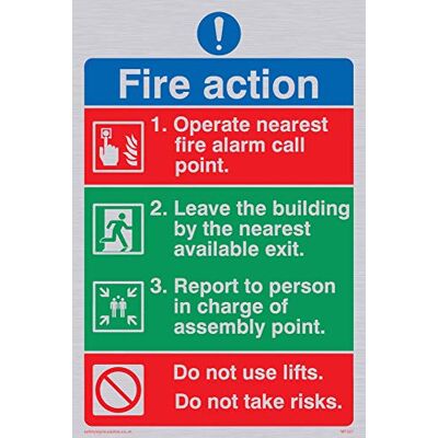 Viking MF327-A6P-S Pictorial Fire Action skylt, plast, styv silver, 150 mm H x 100 mm B Viking MF327-A6P-S Pictorial Fire Action skylt, plast, styv silver, 150 mm H x 100 mm B