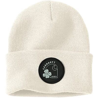 Carhartt Herr stickad shamrock patch beanie mössa, Vintervit, En Storlek Carhartt Herr stickad shamrock patch beanie mössa, Vintervit, En Storlek