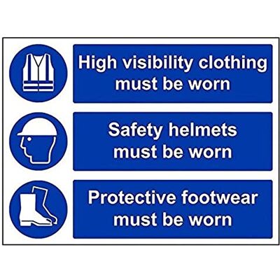 VSafety High Vis, hjälm och skor måste bäras PPE-skylt 400 mm x 300 mm 1 mm styv plast VSafety High Vis, hjälm och skor måste bäras PPE-skylt 400 mm x 300 mm 1 mm styv plast