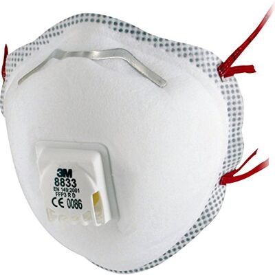 3M Andningsmask 8833, FFP3 fin dammmask med ventil för reducerad värmebildning, 10 stycken 3M Andningsmask 8833, FFP3 fin dammmask med ventil för reducerad värmebildning, 10 stycken