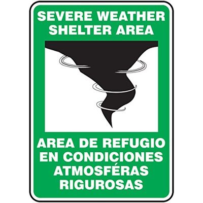 Accuform SBMFEX524VA Aluminum Spanish Bilingual Safety Sign Legend "SEVERE WEATHER SHELTER AREA/AREA DE REFUGIO EN CONDICIONES ATMOSFERAS RIGUROSAS" with Graphic, 14" x 10" Width, White/Black on Green Accuform SBMFEX524VA Aluminum Spanish Bilingual Safety Sign Legend "SEVERE WEATHER SHELTER AREA/AREA DE REFUGIO EN CONDICIONES ATMOSFERAS RIGUROSAS" with Graphic, 14" x 10" Width, White/Black on Green