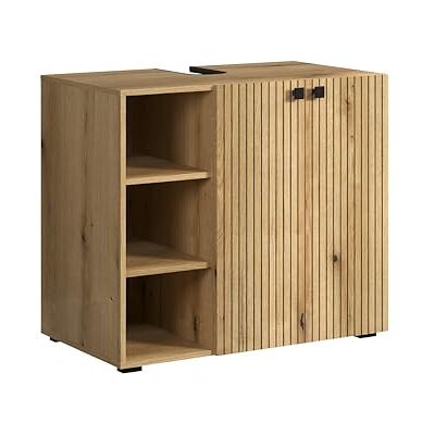 trendteam smart living – PureBliss – tvättställsunderskåp – ek – tvättställ med 3 öppna fack – (B x H x D) 90 x 79 x 53 cm – badrumsskåp med spårutseende – ädla metallhandtag trendteam smart living – PureBliss – tvättställsunderskåp – ek – tvättställ med 3 öppna fack – (B x H x D) 90 x 79 x 53 cm – badrumsskåp med spårutseende – ädla metallhandtag