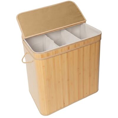 Relaxdays Tvättkorg med lock bambu 150 l 3 fack H x B x D 61,5 x 61 x 41,5 cm tvättkorg för badrum, naturlig Relaxdays Tvättkorg med lock bambu 150 l 3 fack H x B x D 61,5 x 61 x 41,5 cm tvättkorg för badrum, naturlig