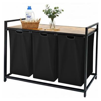 Relaxdays Tvättkorg med 3 tvättpåsar, 150 l, träutseende, hylla, HBT: 73,5 x 109,5 x 33 cm, tvättkorg, svart/natur Relaxdays Tvättkorg med 3 tvättpåsar, 150 l, träutseende, hylla, HBT: 73,5 x 109,5 x 33 cm, tvättkorg, svart/natur