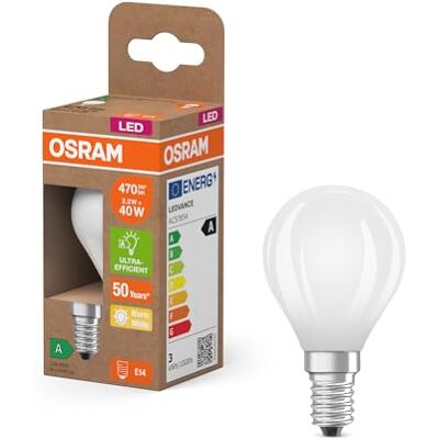 OSRAM Energy Class LED-lampa i klassisk minikulform, 2,2 W / 470 lm, EEK A, varmvitt ljus (2700 K), CRI 80, tillverkad av frostat blyfritt glas, E14-sockel, IP20, 45 mm DM,6-pack OSRAM Energy Class LED-lampa i klassisk minikulform, 2,2 W / 470 lm, EEK A, varmvitt ljus (2700 K), CRI 80, tillverkad av frostat blyfritt glas, E14-sockel, IP20, 45 mm DM,6-pack