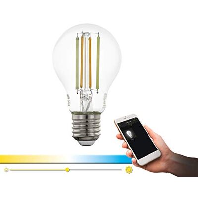 EGLO connect LED E27 lampa, smart hem vintage glödlampa klar, 6 watt (motsvarande 60 watt), 806 lumen, E27 LED dimbar, justerbar färgtemperatur, LED glödlampa A60, Ø 6 cm EGLO connect LED E27 lampa, smart hem vintage glödlampa klar, 6 watt (motsvarande 60 watt), 806 lumen, E27 LED dimbar, justerbar färgtemperatur, LED glödlampa A60, Ø 6 cm