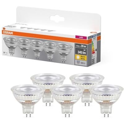 OSRAM LED BASE MR16, förpackning med 50 låga spänning lampor, ersätter traditionella 35W reflektor glödlampor, varmvit (2700K), 3.8W, GU5.3-sockel, matt glas, icke-dimbar OSRAM LED BASE MR16, förpackning med 50 låga spänning lampor, ersätter traditionella 35W reflektor glödlampor, varmvit (2700K), 3.8W, GU5.3-sockel, matt glas, icke-dimbar