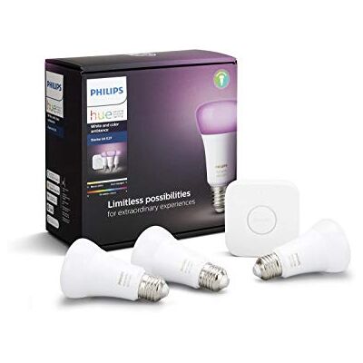Philips White & Color E27 9W smart hem LED-spotlight startpaket (3pack+Bridge+Dimmerswitch), Bluetooth/Zigbee, varmt till kallt ljus 2200–6500K och full färg, röststyrning med Alexa, Google & Siri Philips White & Color E27 9W smart hem LED-spotlight startpaket (3pack+Bridge+Dimmerswitch), Bluetooth/Zigbee, varmt till kallt ljus 2200–6500K och full färg, röststyrning med Alexa, Google & Siri