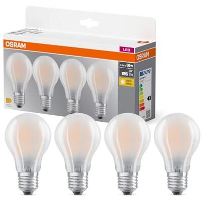 OSRAM LED BASE A60, förpackning med 4 lampor, ersätter traditionella 60W glödlampor, 6.5W, varmvit (2700K), matt glas, icke-dimbar, päronform, E27 OSRAM LED BASE A60, förpackning med 4 lampor, ersätter traditionella 60W glödlampor, 6.5W, varmvit (2700K), matt glas, icke-dimbar, päronform, E27