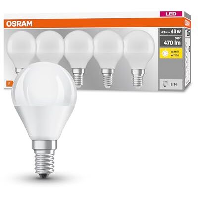 OSRAM Lampadine LED Sfera, 5.5W Equivalenti 40W, Attacco E14, Luce Calda 2700K, Confezione da 5 OSRAM Lampadine LED Sfera, 5.5W Equivalenti 40W, Attacco E14, Luce Calda 2700K, Confezione da 5