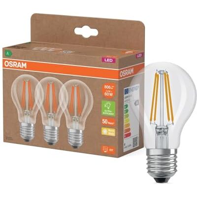 OSRAM Högeffektiva LED-lampor med energieffektivitetsklass A, förpackning med 30 lampor, ersätter traditionella 60W glödlampor, päronform, varmvit (2700K), E27, filamentglas OSRAM Högeffektiva LED-lampor med energieffektivitetsklass A, förpackning med 30 lampor, ersätter traditionella 60W glödlampor, päronform, varmvit (2700K), E27, filamentglas