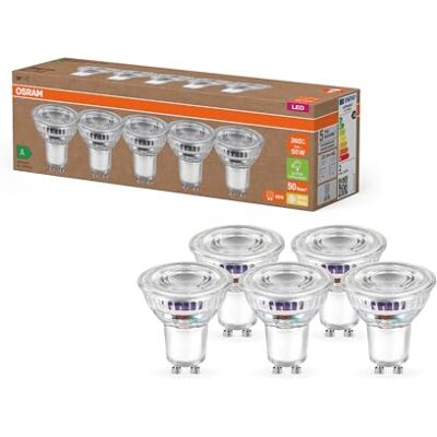 OSRAM Mycket effektiva LED-lampor med energieffektivitetsklass A,Förpackning med 5 lampor, ersätter vanliga 50W reflektorlampor, varmvit (2700K), E27, glas OSRAM Mycket effektiva LED-lampor med energieffektivitetsklass A,Förpackning med 5 lampor, ersätter vanliga 50W reflektorlampor, varmvit (2700K), E27, glas