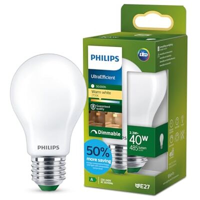 Philips LED UltraEfficient Frostad A60 Glödlampa, E27 sockel, energiklass A, 485 lm, 40W ekvivalent, varmvit (2700K), dimbar, EyeComfort, 50 000 timmar, 1-pack Philips LED UltraEfficient Frostad A60 Glödlampa, E27 sockel, energiklass A, 485 lm, 40W ekvivalent, varmvit (2700K), dimbar, EyeComfort, 50 000 timmar, 1-pack