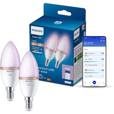 Philips Smart Lighting, Smart LED RGB C37-lampa, 2-pack, E14-sockel, 470 lm, färgat och justerbart vitt ljus 2200–6500 K, låg dimbarhet, kompatibel med WiZ, Alexa, Google Home, Apple Home Philips Smart Lighting, Smart LED RGB C37-lampa, 2-pack, E14-sockel, 470 lm, färgat och justerbart vitt ljus 2200–6500 K, låg dimbarhet, kompatibel med WiZ, Alexa, Google Home, Apple Home