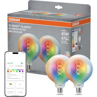 OSRAM SMART+ RGB Globlampa, Matter via WiFi, 2 st, E27, 5W, 16 milj färger, 2700–6500K, fungerar med Alexa, Google, Apple OSRAM SMART+ RGB Globlampa, Matter via WiFi, 2 st, E27, 5W, 16 milj färger, 2700–6500K, fungerar med Alexa, Google, Apple