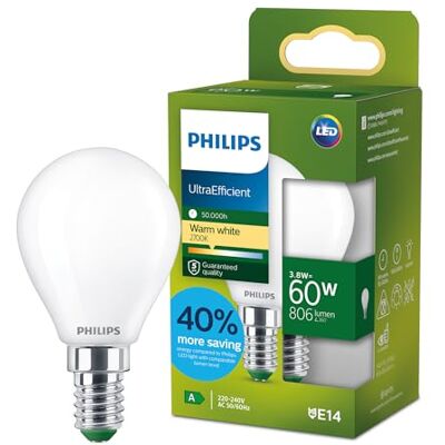 Philips LED UltraEfficient frostad P45 ljuskälla, E14 sockel, energiklass A, 806 lm, 60W ekvivalent, varmvit (2700K), EyeComfort, 50 000 timmar, 1 st Philips LED UltraEfficient frostad P45 ljuskälla, E14 sockel, energiklass A, 806 lm, 60W ekvivalent, varmvit (2700K), EyeComfort, 50 000 timmar, 1 st