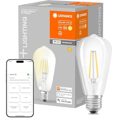 LEDVANCE Smart LED-lampa med WiFi-teknik, sockel E27, dimbar, varm vit (2700 K), ersätter glödlampor med 60 W, SMART WiFi filament Edison Dimmable, 1-pack SMART+ filament Edison Dimmable LEDVANCE Smart LED-lampa med WiFi-teknik, sockel E27, dimbar, varm vit (2700 K), ersätter glödlampor med 60 W, SMART WiFi filament Edison Dimmable, 1-pack SMART+ filament Edison Dimmable