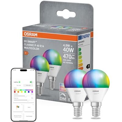 OSRAM SMART+ dropplampa, Matter via WiFi, 2 st, E14, 9W, 16 milj färger, 2700–6500K, fungerar med Alexa, Google, Apple OSRAM SMART+ dropplampa, Matter via WiFi, 2 st, E14, 9W, 16 milj färger, 2700–6500K, fungerar med Alexa, Google, Apple