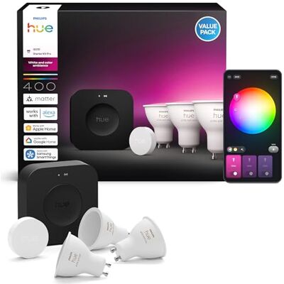 Philips Starter Kit: Bridge Pro + 3 GU10 + Smart Button, Smart glödlampa, Led-lampa, Smart belysning med Apple Home, Amazon Alexa, Google Assistant och Samsung SmartThings Startpaket, vit och färg atmosfär, smart LED-ljushub, 16 miljoner färger, dimbar Philips Starter Kit: Bridge Pro + 3 GU10 + Smart Button, Smart glödlampa, Led-lampa, Smart belysning med Apple Home, Amazon Alexa, Google Assistant och Samsung SmartThings Startpaket, vit och färg atmosfär, smart LED-ljushub, 16 miljoner färger, dimbar