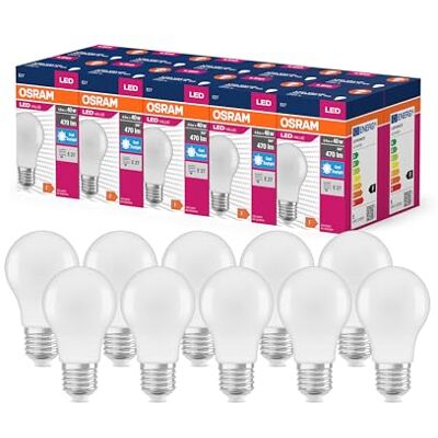 OSRAM LED-stjärnvärde Classic A40 LED-lampa för E27-uttag, päronform, FR, 470 lumen, dagsljusvitt (6500K), ersättning för konventionella 40W-glödlampor, inte dimbara, 10-pack OSRAM LED-stjärnvärde Classic A40 LED-lampa för E27-uttag, päronform, FR, 470 lumen, dagsljusvitt (6500K), ersättning för konventionella 40W-glödlampor, inte dimbara, 10-pack